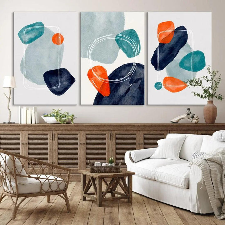 Boho Orange and Turquoise Modern Minimal Style Large Wall Art Canvas Print