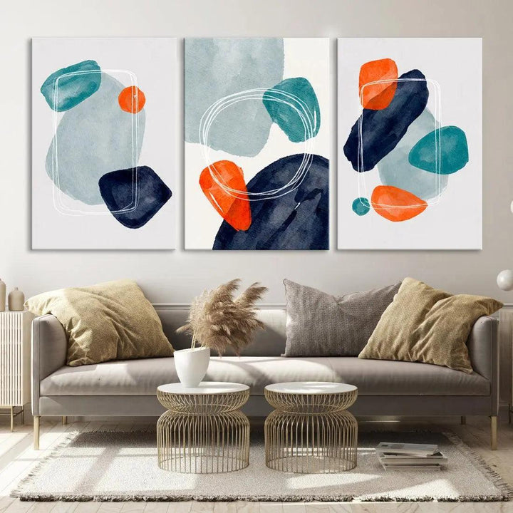 Boho Orange and Turquoise Modern Minimal Style Large Wall Art Canvas Print