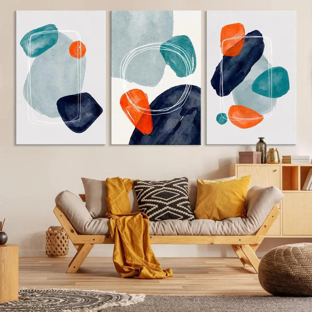 Boho Orange and Turquoise Modern Minimal Style Large Wall Art Canvas Print