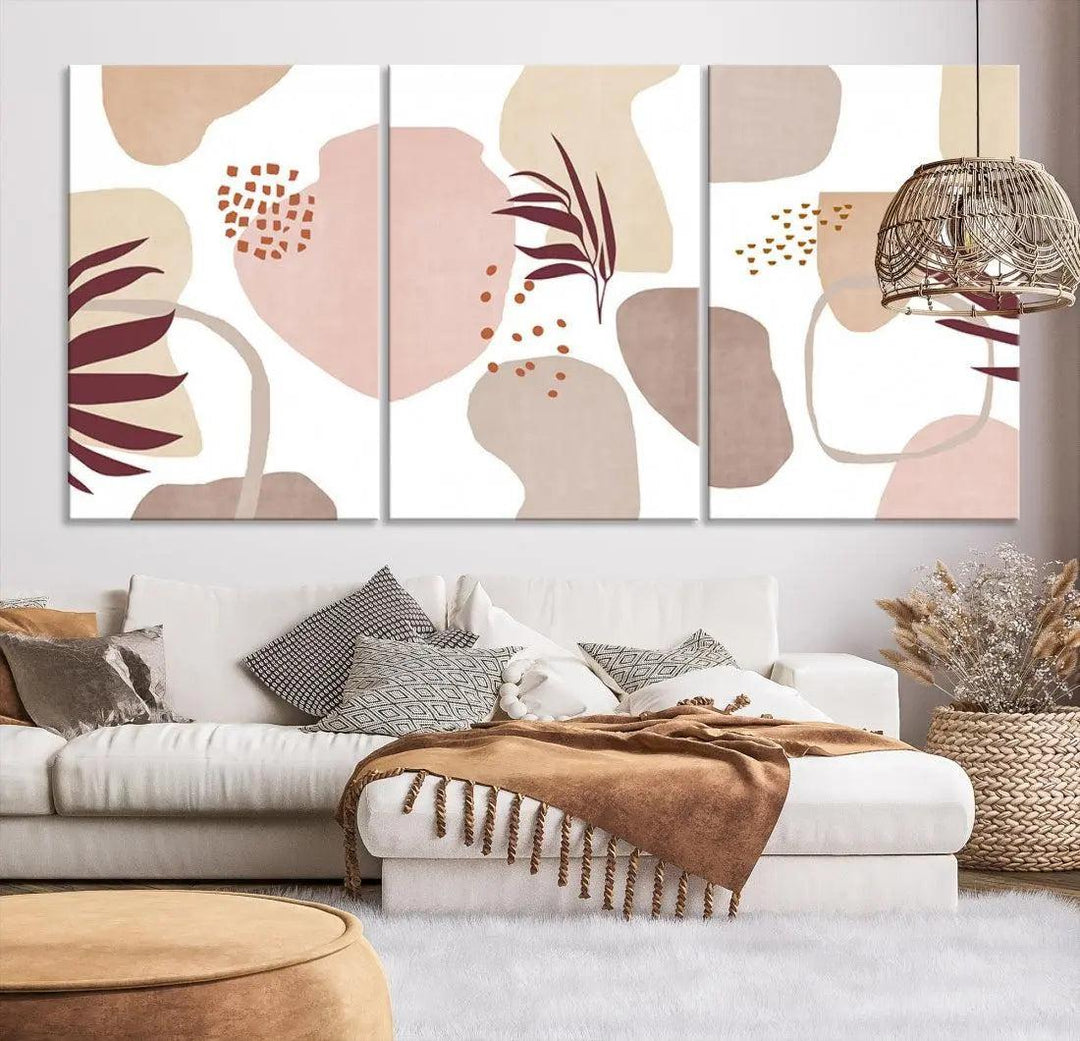 Boho Pastel Colors Neutral Wall Art Floral Canvas Print Mid Century Modern Art