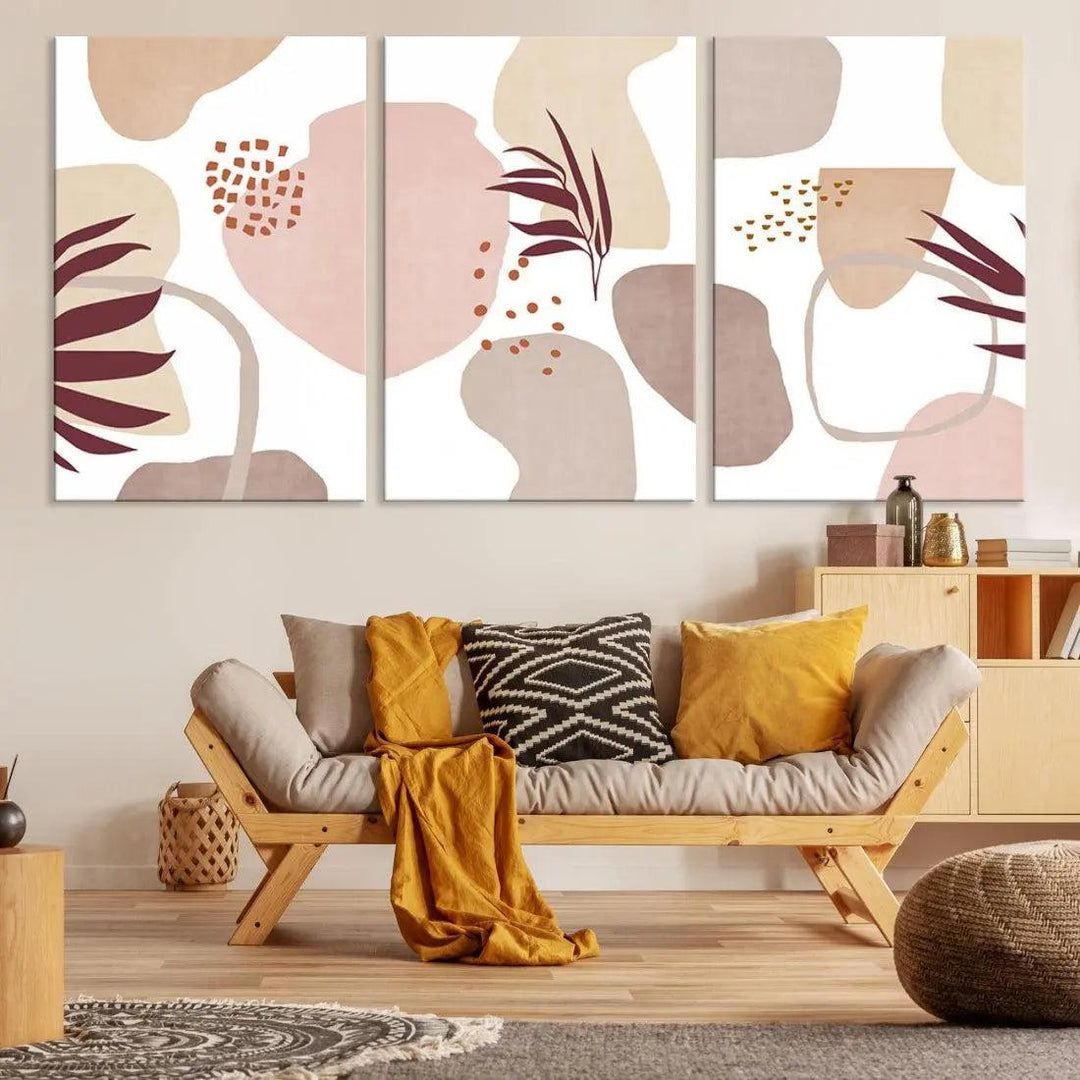 Boho Pastel Colors Neutral Wall Art Floral Canvas Print Mid Century Modern Art