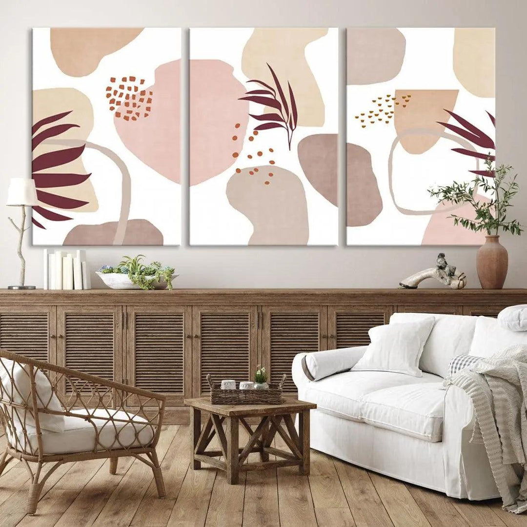 Boho Pastel Colors Neutral Wall Art Floral Canvas Print Mid Century Modern Art