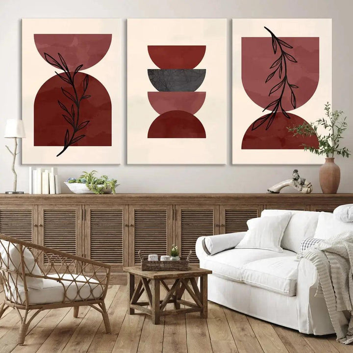 Boho Red Circles and Floral Wall Art Canvas Print for Living Room Decor