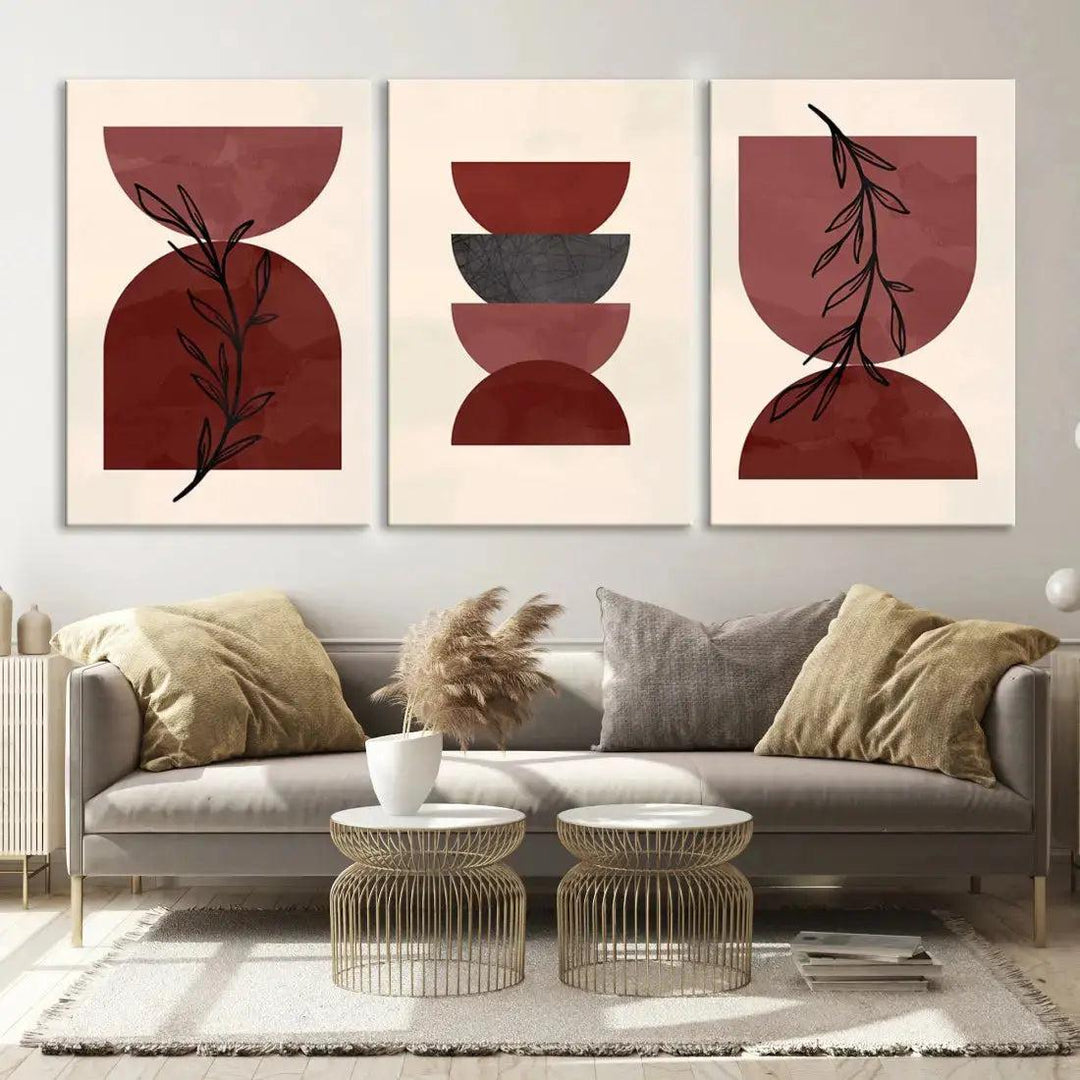 Boho Red Circles and Floral Wall Art Canvas Print for Living Room Decor