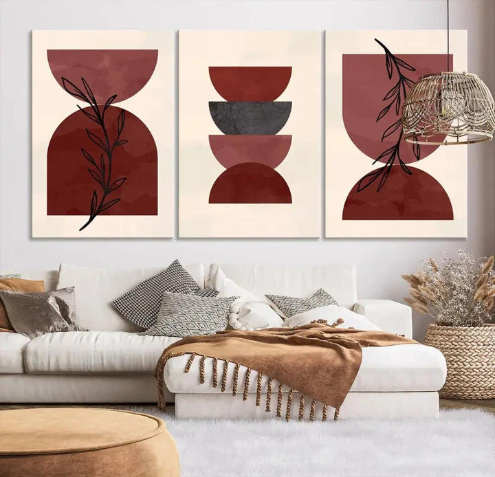 Boho Red Circles and Floral Wall Art Canvas Print for Living Room Decor