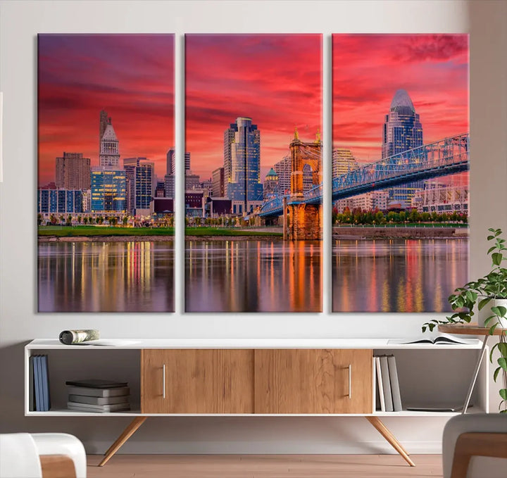 Breathtaking Red Sunset Cincinnati City Photography Print Cityscape Canvas Art