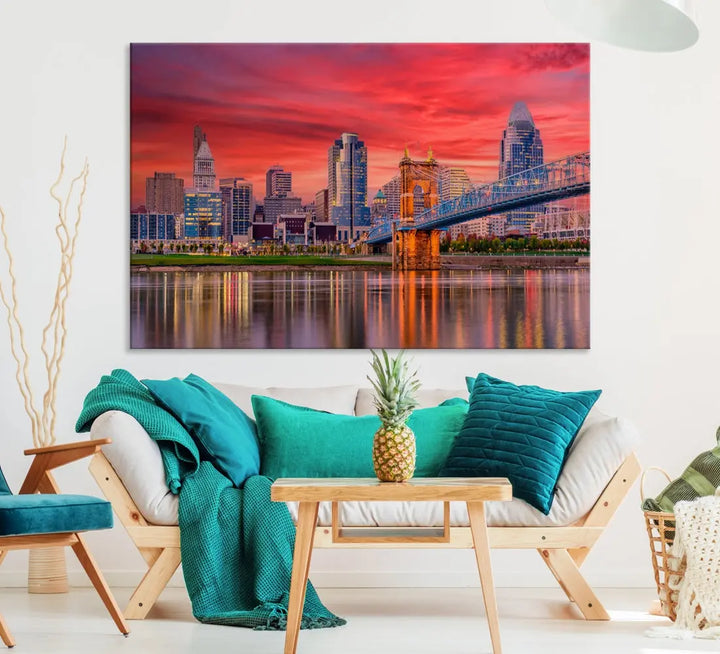 Breathtaking Red Sunset Cincinnati City Photography Print Cityscape Canvas Art