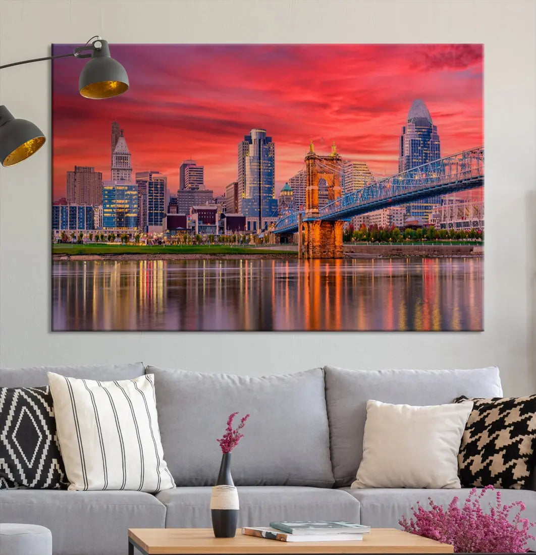 Breathtaking Red Sunset Cincinnati City Photography Print Cityscape Canvas Art