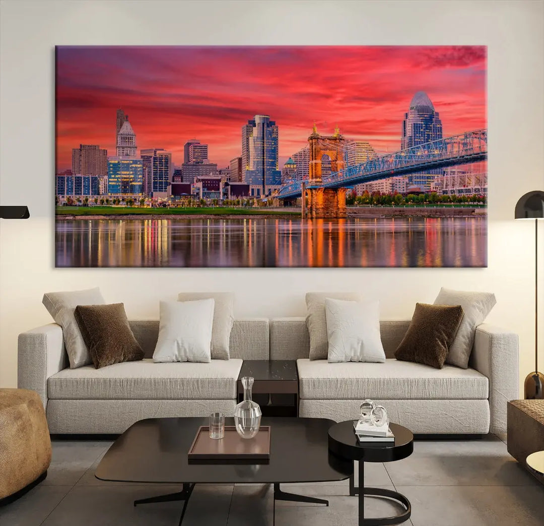 Breathtaking Red Sunset Cincinnati City Photography Print Cityscape Canvas Art