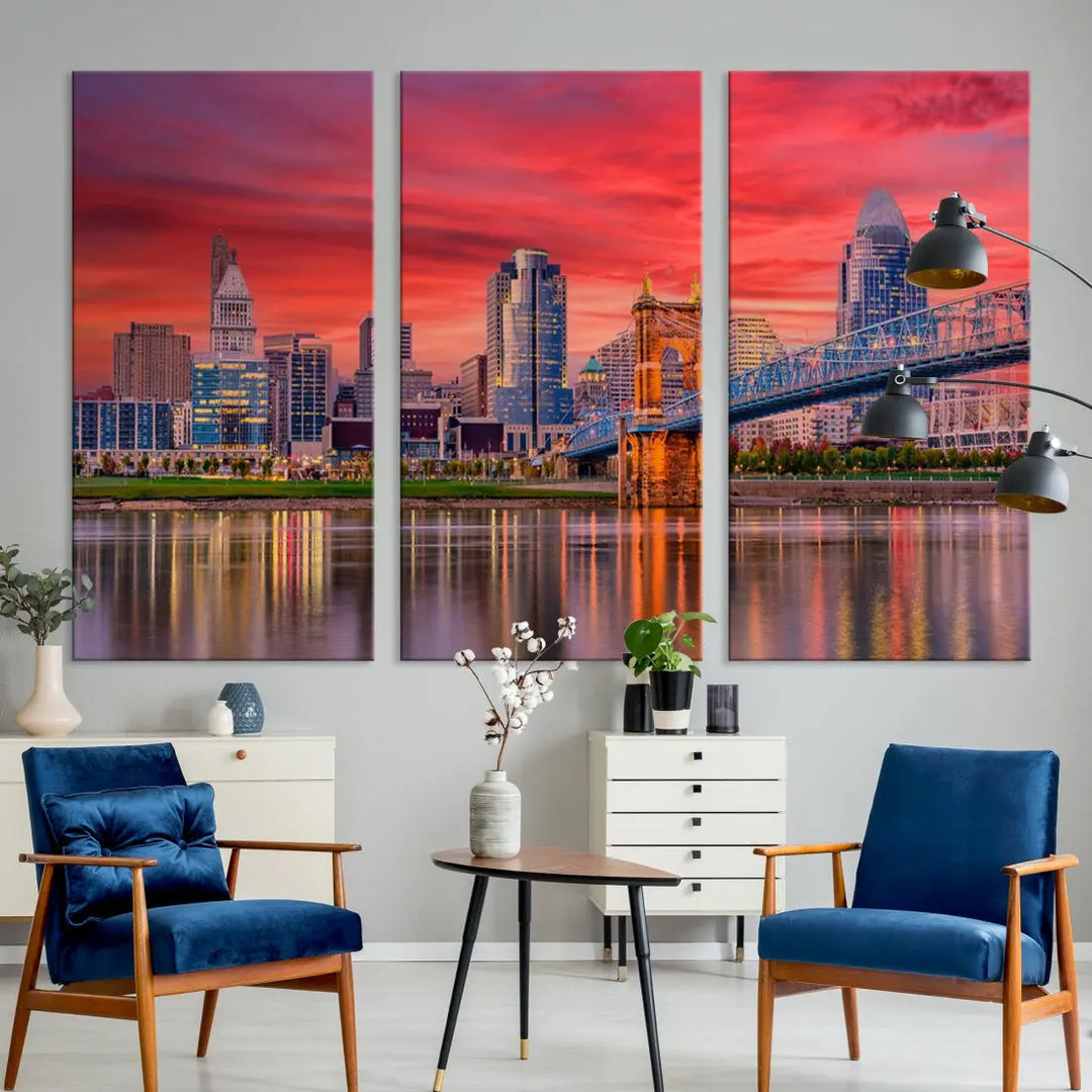 Breathtaking Red Sunset Cincinnati City Photography Print Cityscape Canvas Art