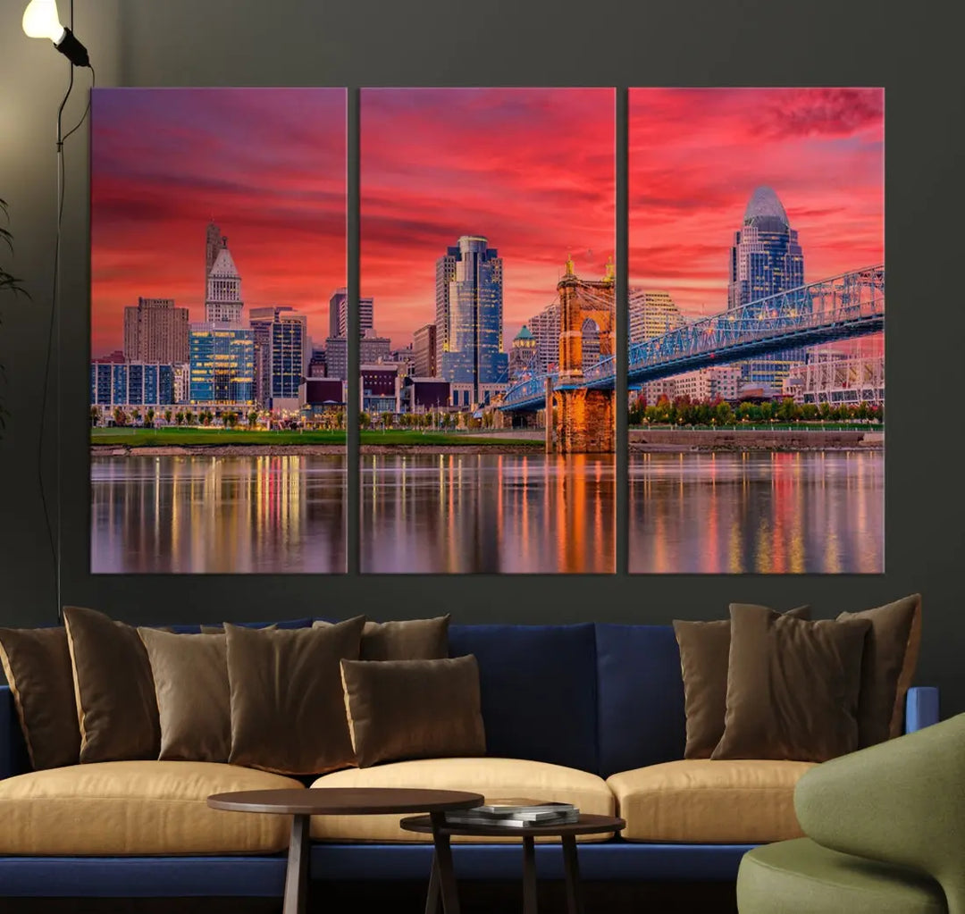 Breathtaking Red Sunset Cincinnati City Photography Print Cityscape Canvas Art