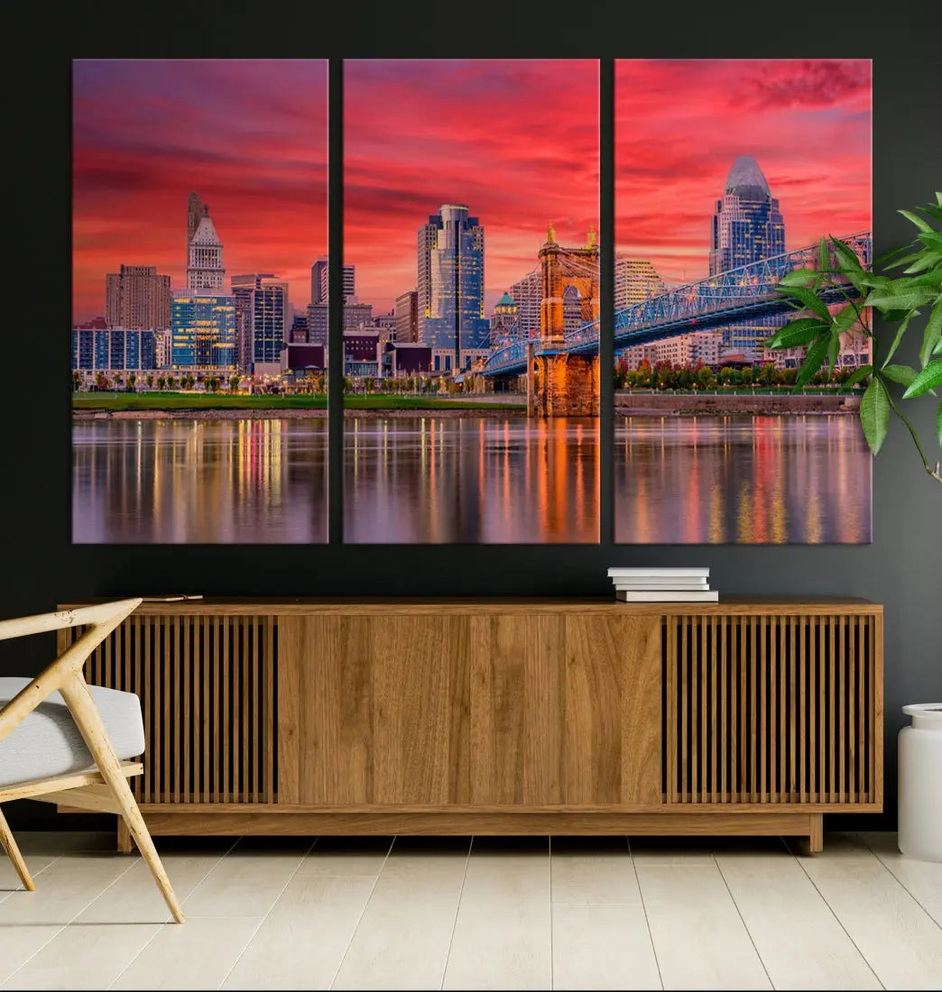 Breathtaking Red Sunset Cincinnati City Photography Print Cityscape Canvas Art