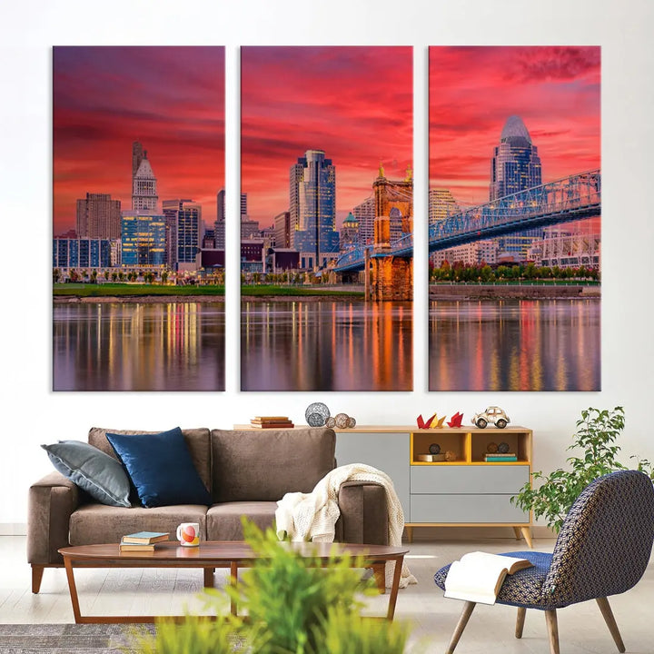 Breathtaking Red Sunset Cincinnati City Photography Print Cityscape Canvas Art