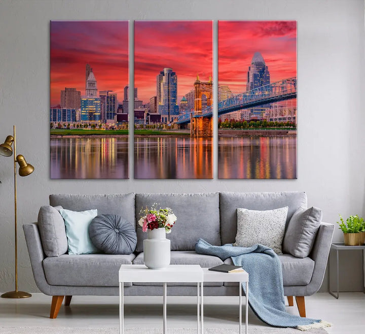 Breathtaking Red Sunset Cincinnati City Photography Print Cityscape Canvas Art