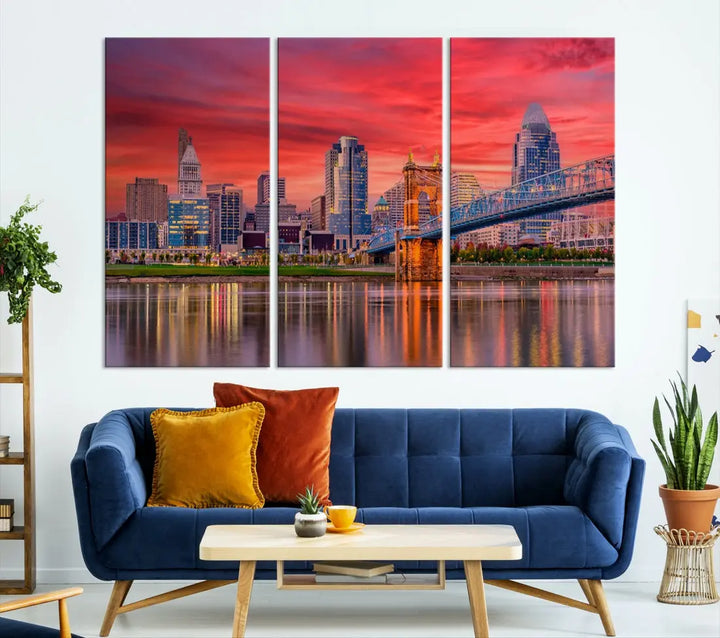 Breathtaking Red Sunset Cincinnati City Photography Print Cityscape Canvas Art