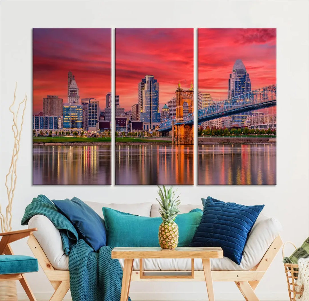 Breathtaking Red Sunset Cincinnati City Photography Print Cityscape Canvas Art