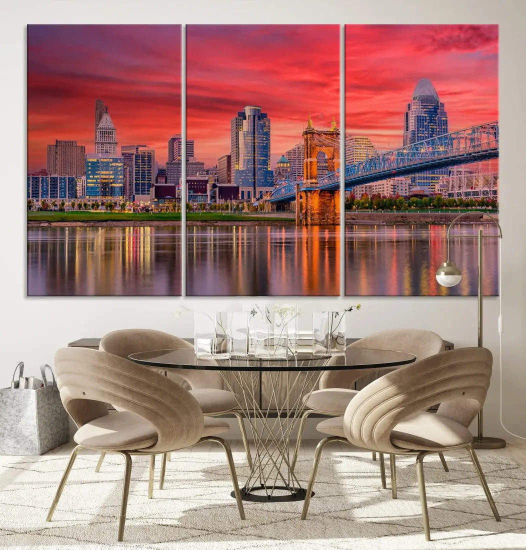 Breathtaking Red Sunset Cincinnati City Photography Print Cityscape Canvas Art