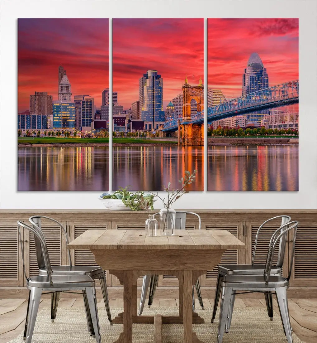 Breathtaking Red Sunset Cincinnati City Photography Print Cityscape Canvas Art