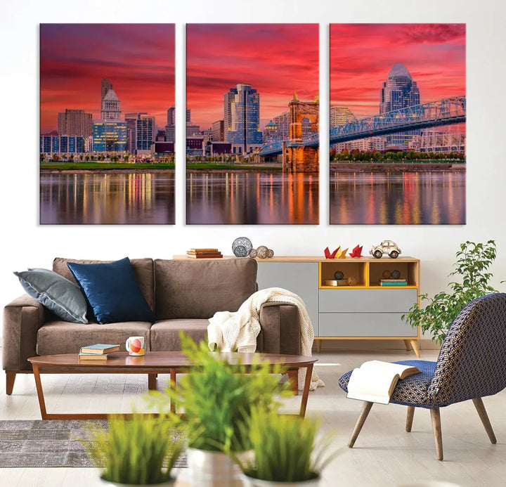 Breathtaking Red Sunset Cincinnati City Photography Print Cityscape Canvas Art