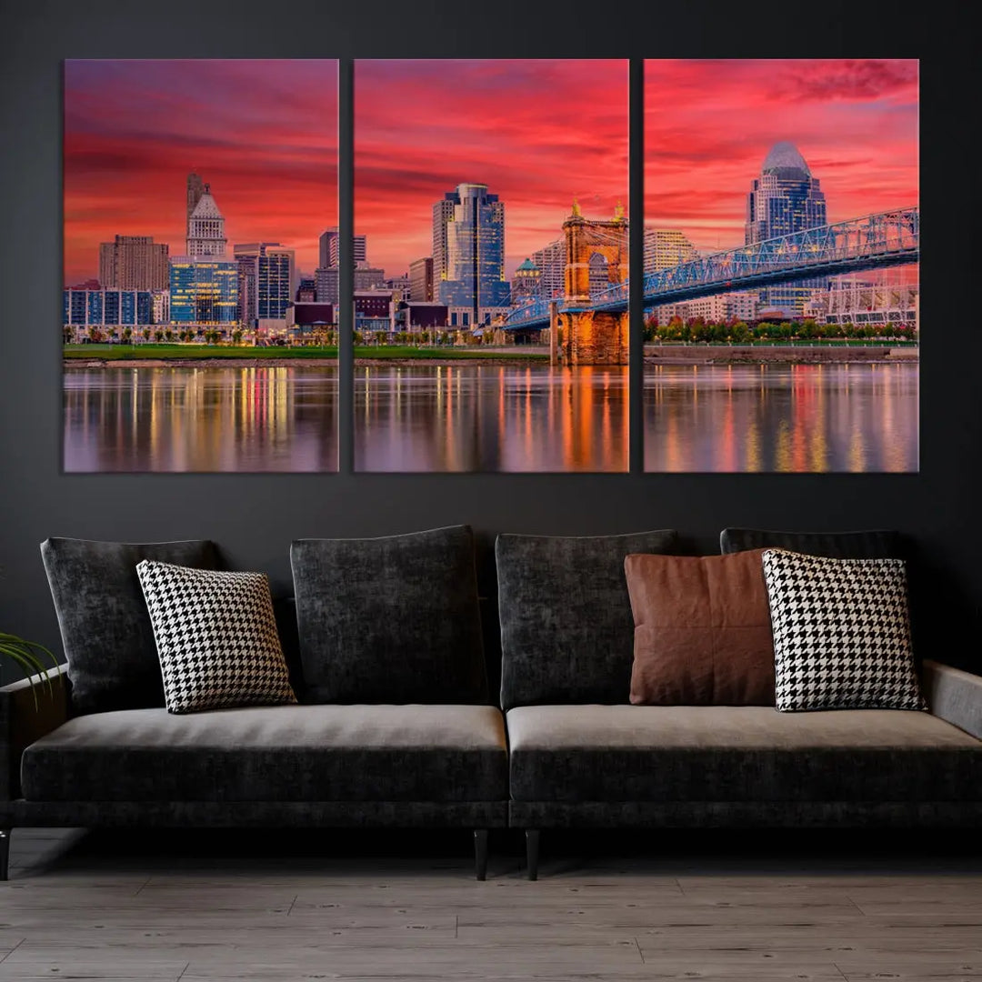 Breathtaking Red Sunset Cincinnati City Photography Print Cityscape Canvas Art