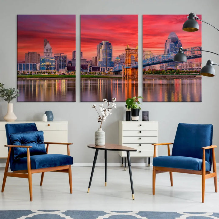 Breathtaking Red Sunset Cincinnati City Photography Print Cityscape Canvas Art