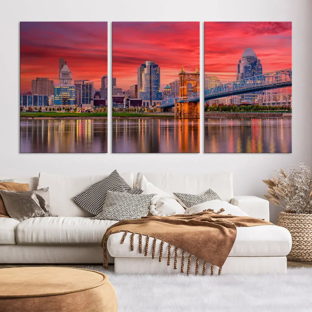 Breathtaking Red Sunset Cincinnati City Photography Print Cityscape Canvas Art