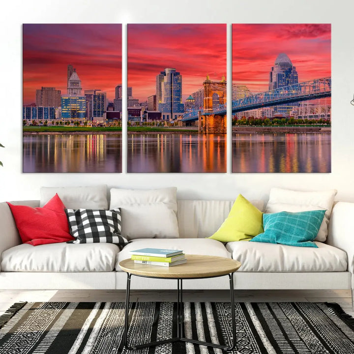 Breathtaking Red Sunset Cincinnati City Photography Print Cityscape Canvas Art