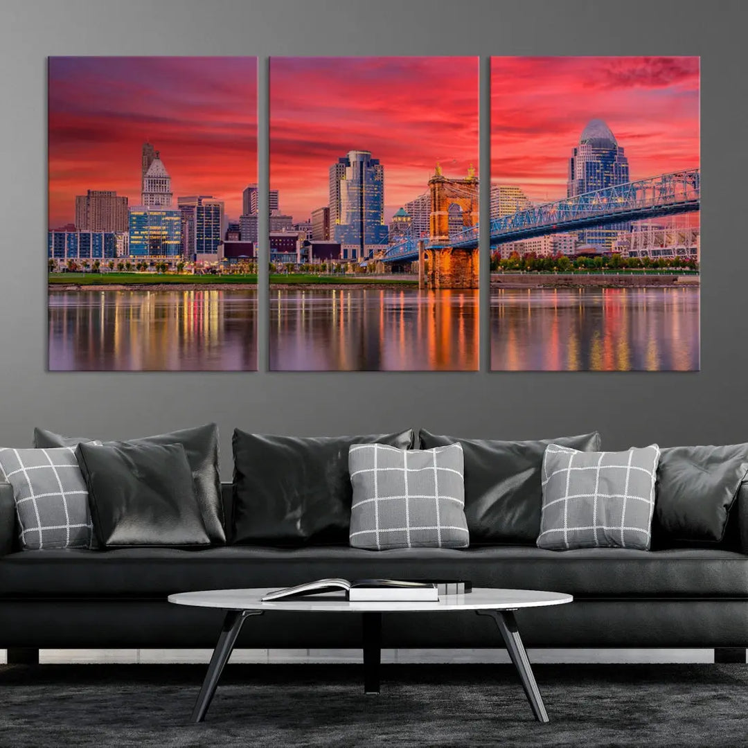 Breathtaking Red Sunset Cincinnati City Photography Print Cityscape Canvas Art