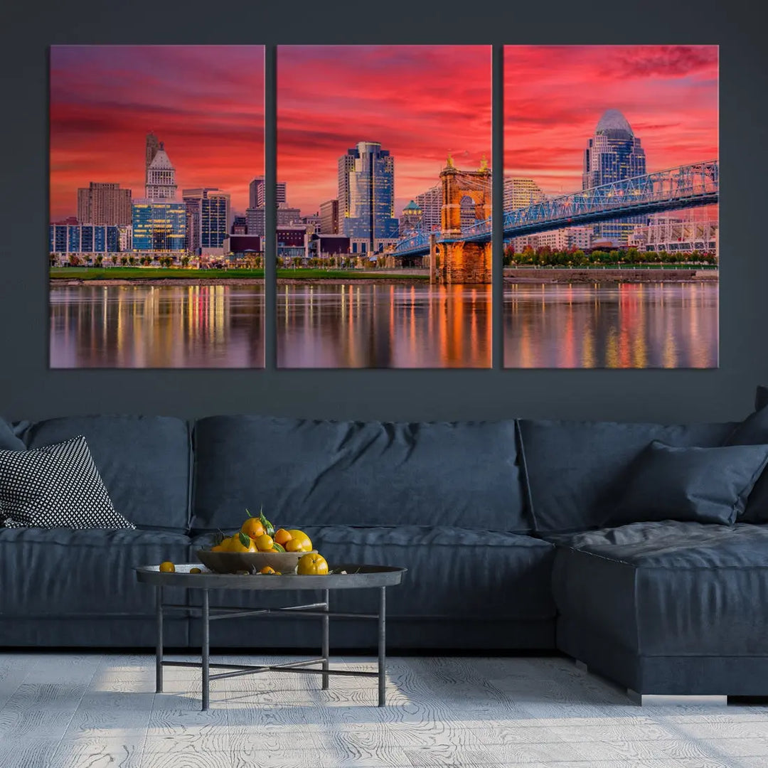 Breathtaking Red Sunset Cincinnati City Photography Print Cityscape Canvas Art