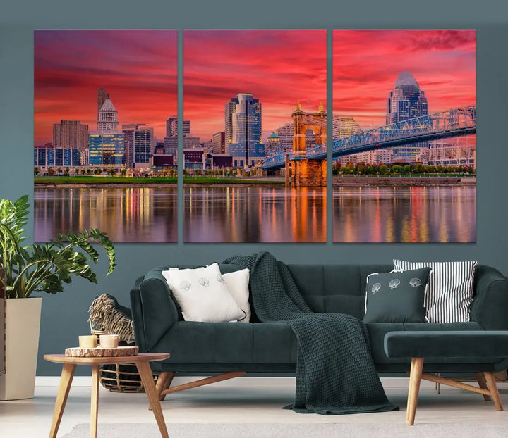 Breathtaking Red Sunset Cincinnati City Photography Print Cityscape Canvas Art