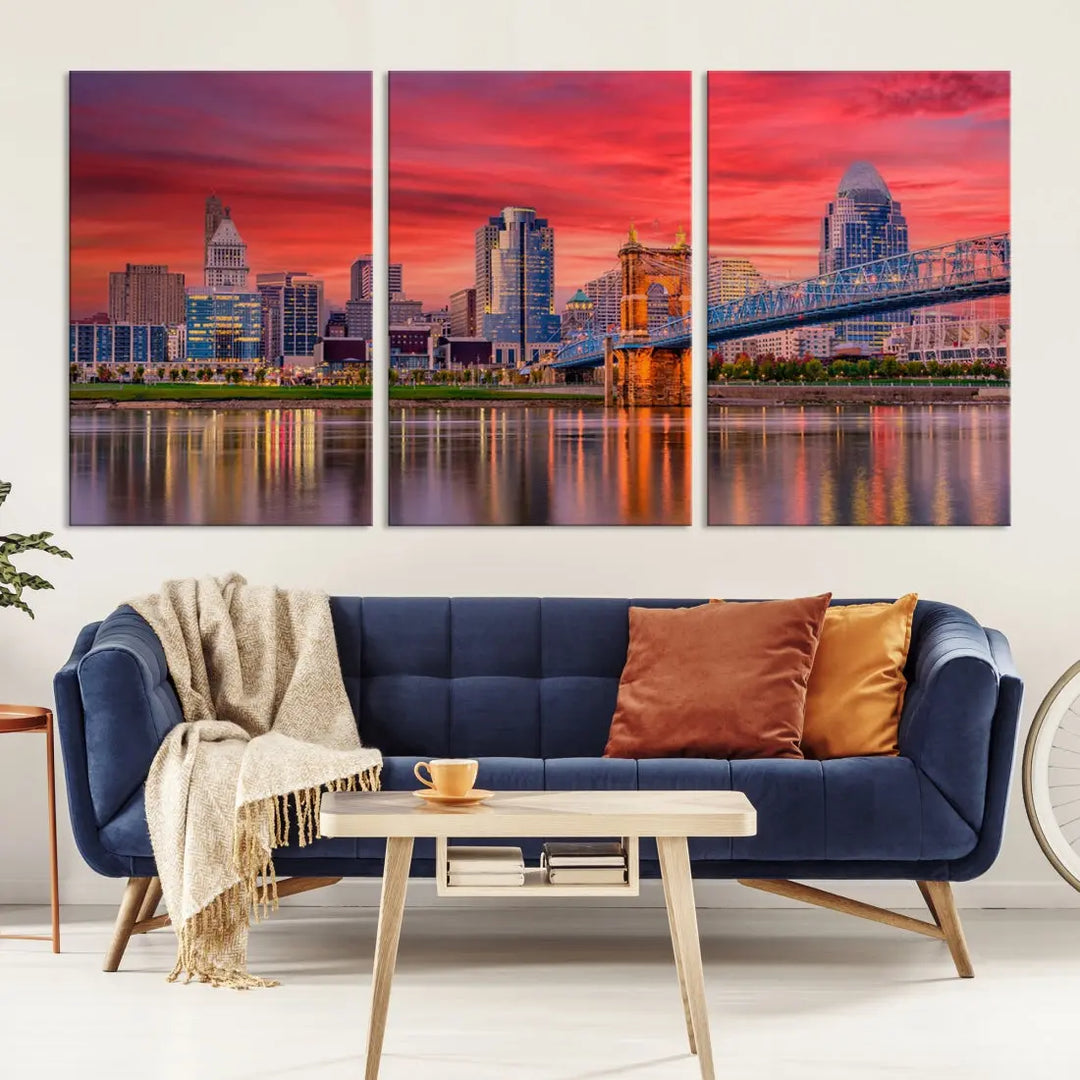 Breathtaking Red Sunset Cincinnati City Photography Print Cityscape Canvas Art