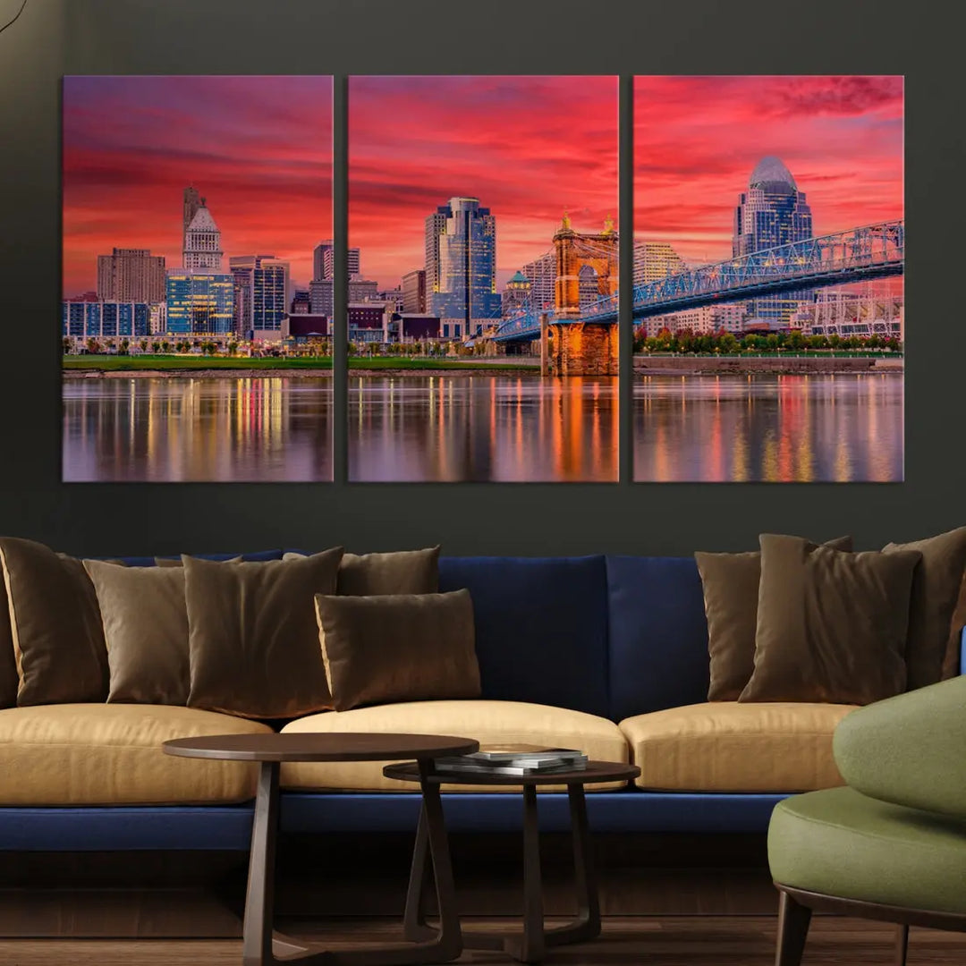 Breathtaking Red Sunset Cincinnati City Photography Print Cityscape Canvas Art