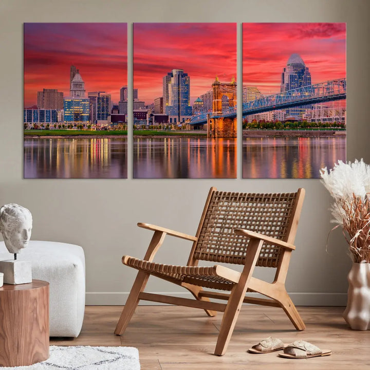 Breathtaking Red Sunset Cincinnati City Photography Print Cityscape Canvas Art