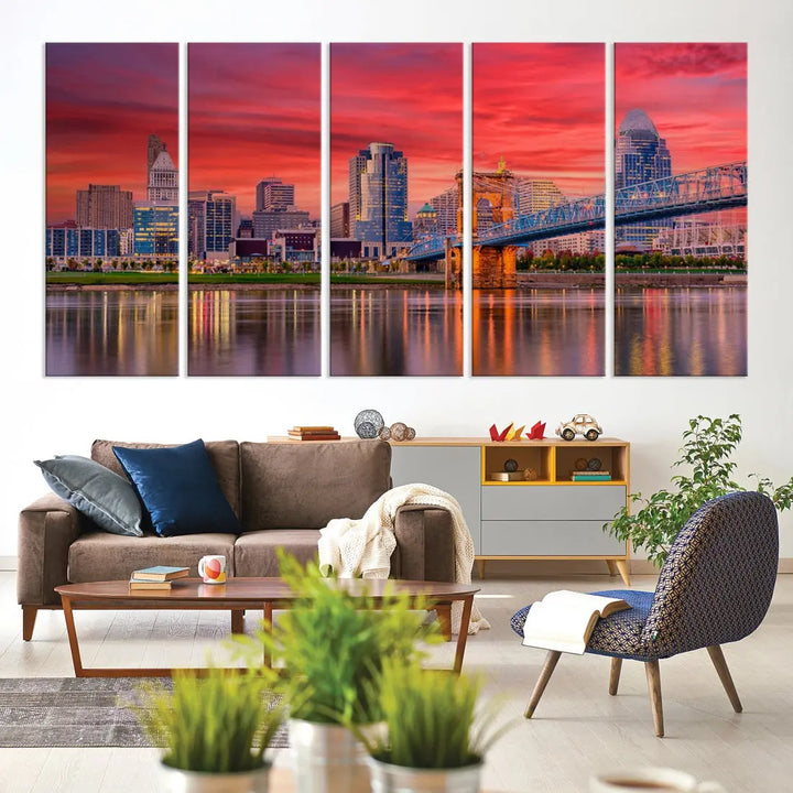 Breathtaking Red Sunset Cincinnati City Photography Print Cityscape Canvas Art