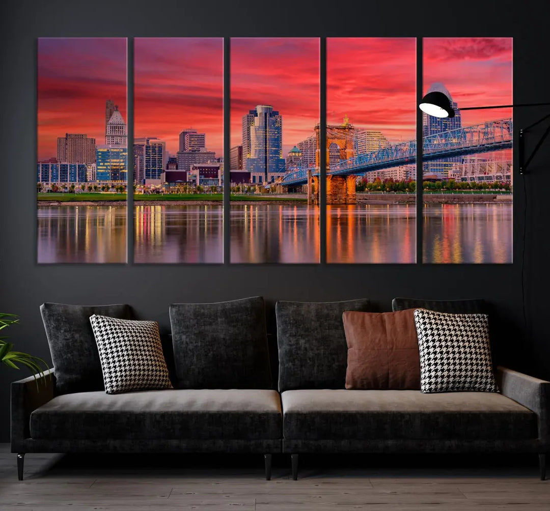 Breathtaking Red Sunset Cincinnati City Photography Print Cityscape Canvas Art