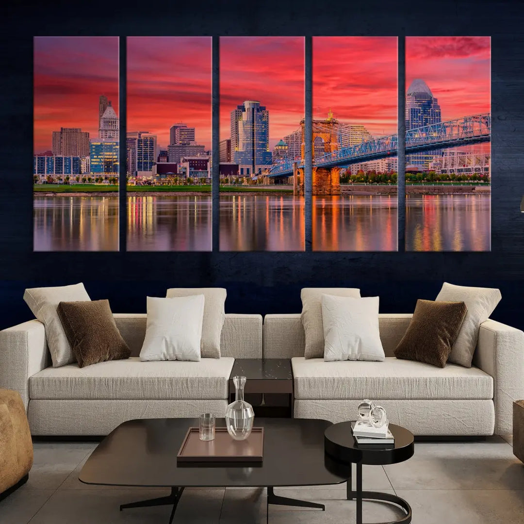 Breathtaking Red Sunset Cincinnati City Photography Print Cityscape Canvas Art