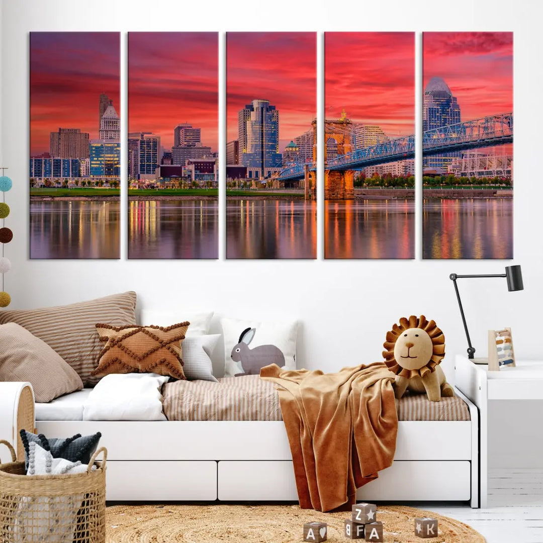 Breathtaking Red Sunset Cincinnati City Photography Print Cityscape Canvas Art