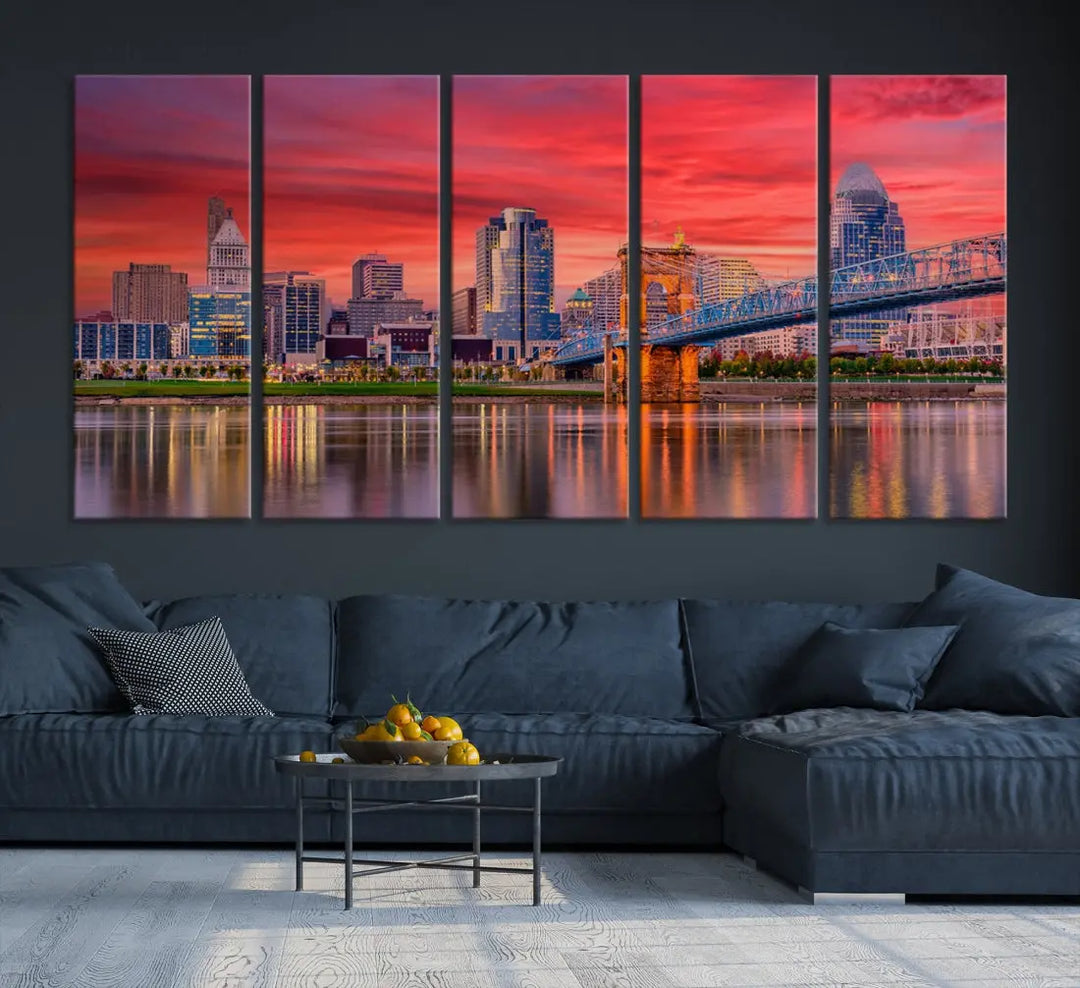 Breathtaking Red Sunset Cincinnati City Photography Print Cityscape Canvas Art