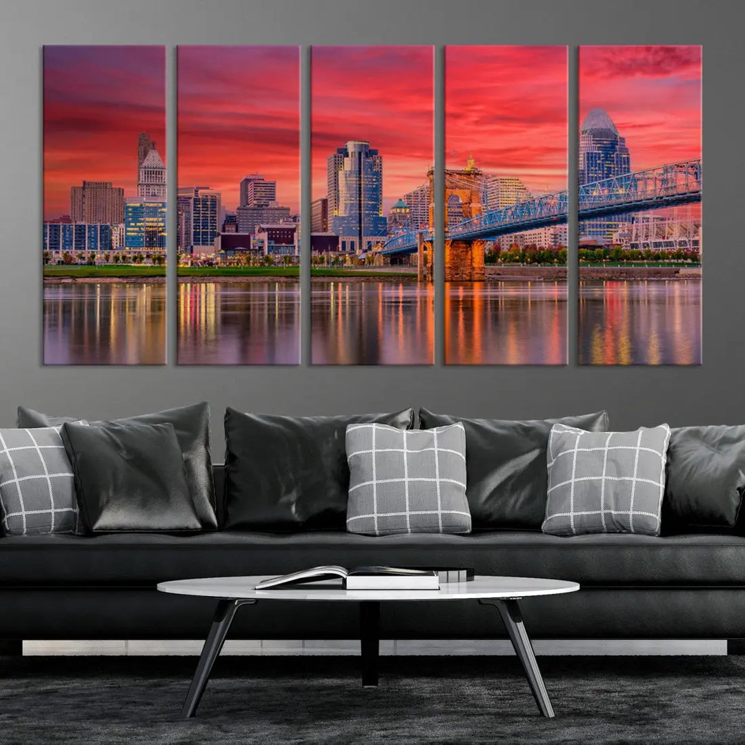 Breathtaking Red Sunset Cincinnati City Photography Print Cityscape Canvas Art