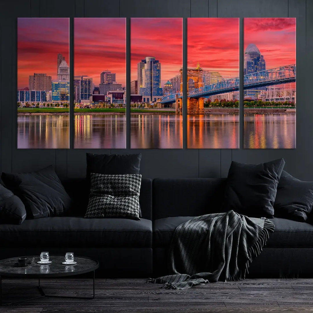 Breathtaking Red Sunset Cincinnati City Photography Print Cityscape Canvas Art