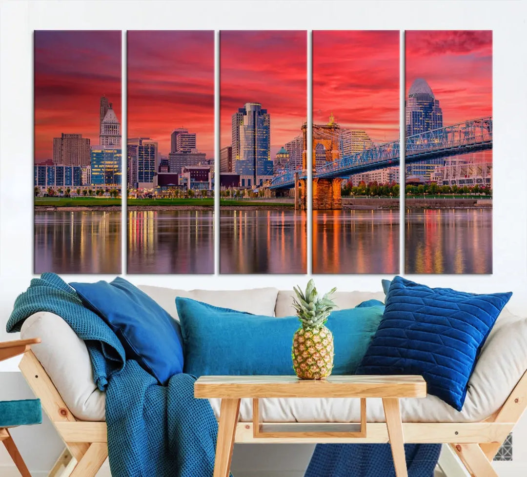 Breathtaking Red Sunset Cincinnati City Photography Print Cityscape Canvas Art