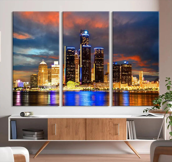 Bright Detroit Skyline Picture Print Skyline Wall Art Canvas Ready to Hang