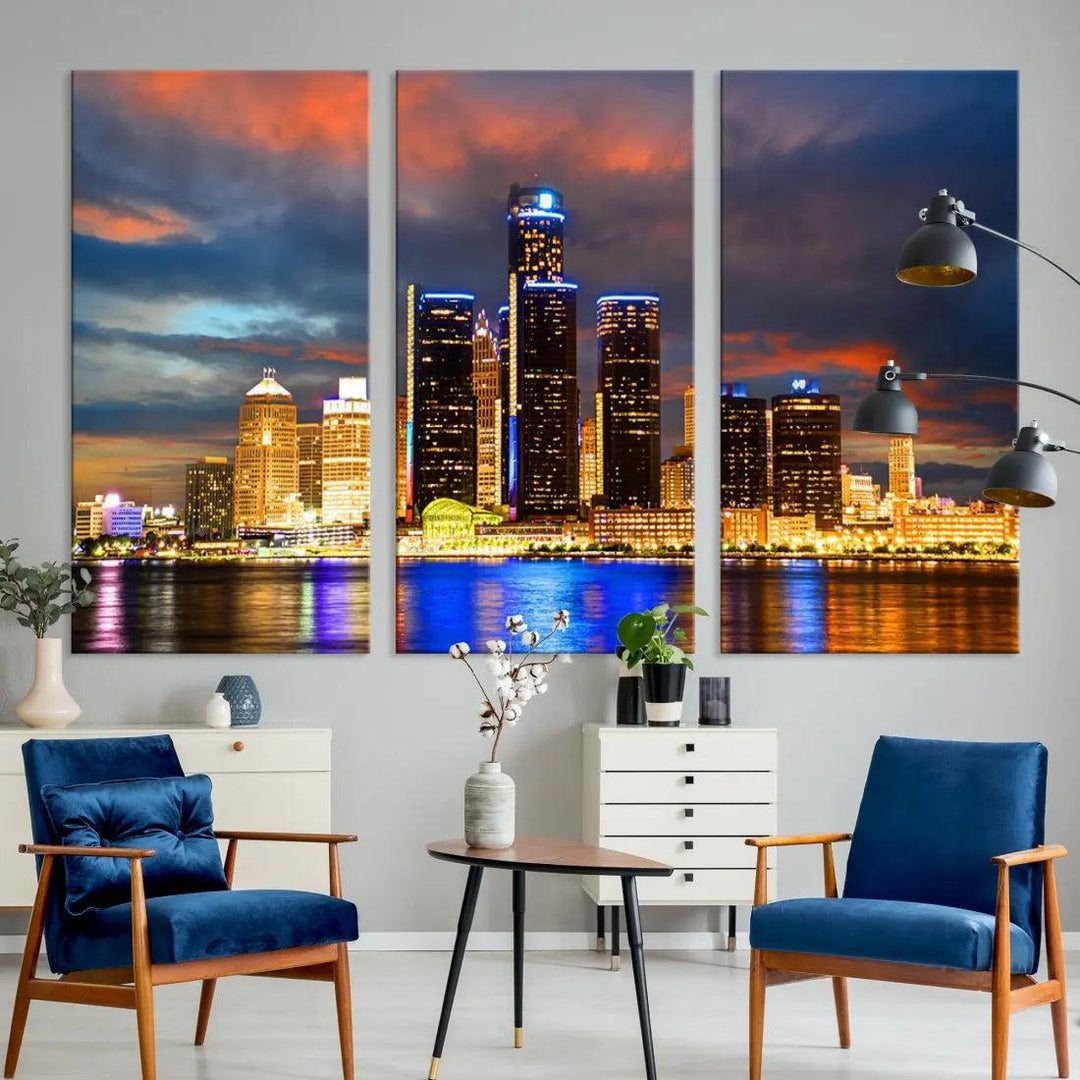 Bright Detroit Skyline Picture Print Skyline Wall Art Canvas Ready to Hang