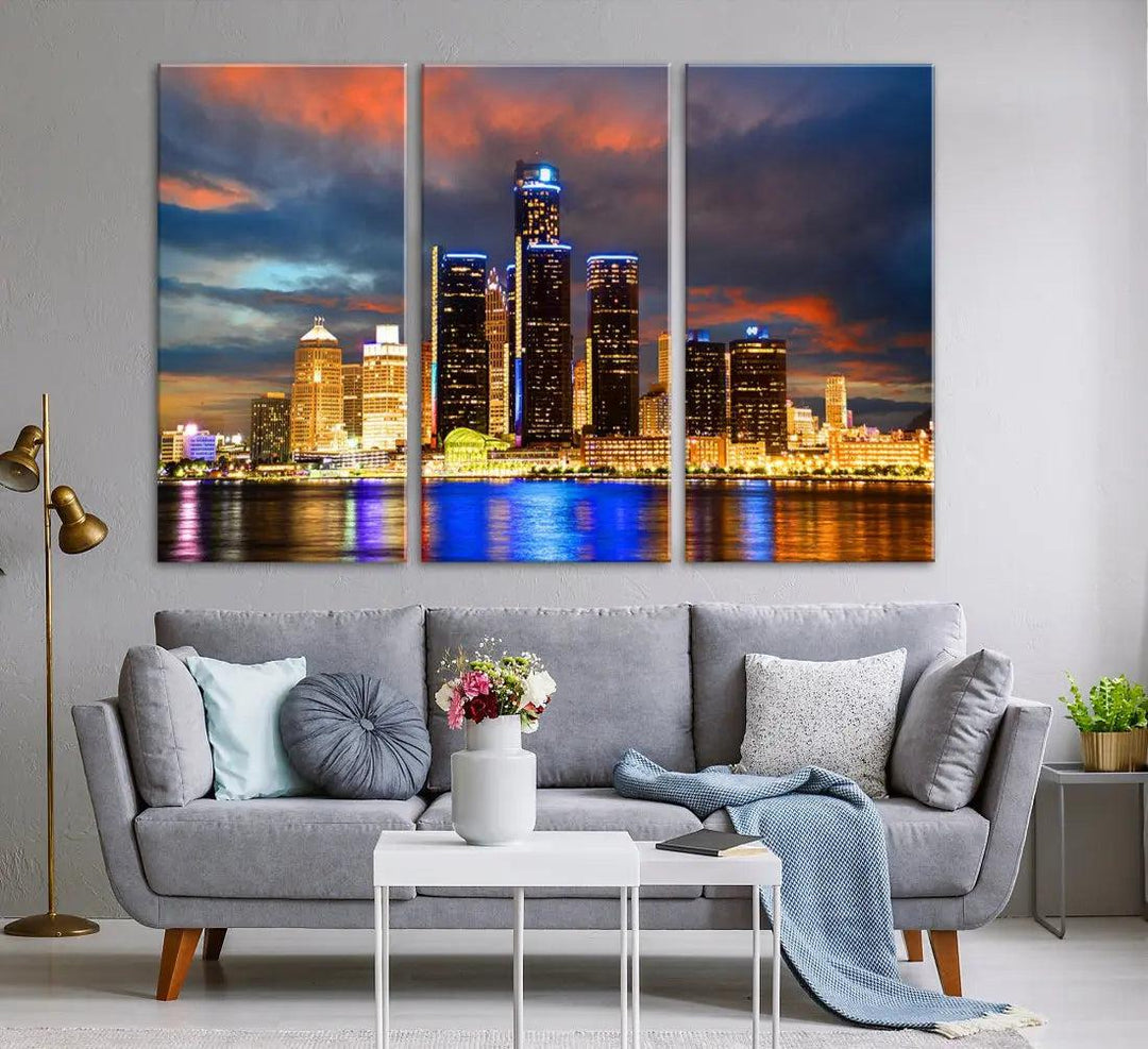 Bright Detroit Skyline Picture Print Skyline Wall Art Canvas Ready to Hang