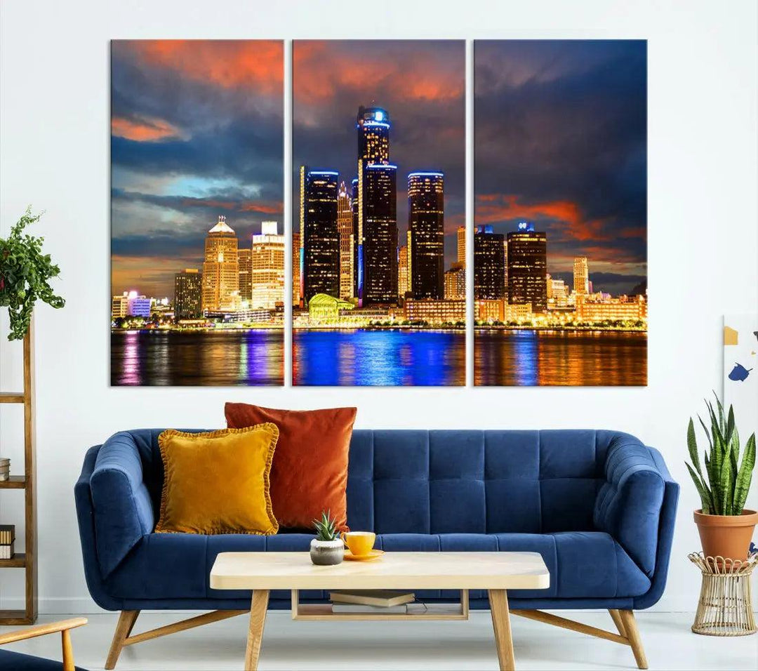 Bright Detroit Skyline Picture Print Skyline Wall Art Canvas Ready to Hang