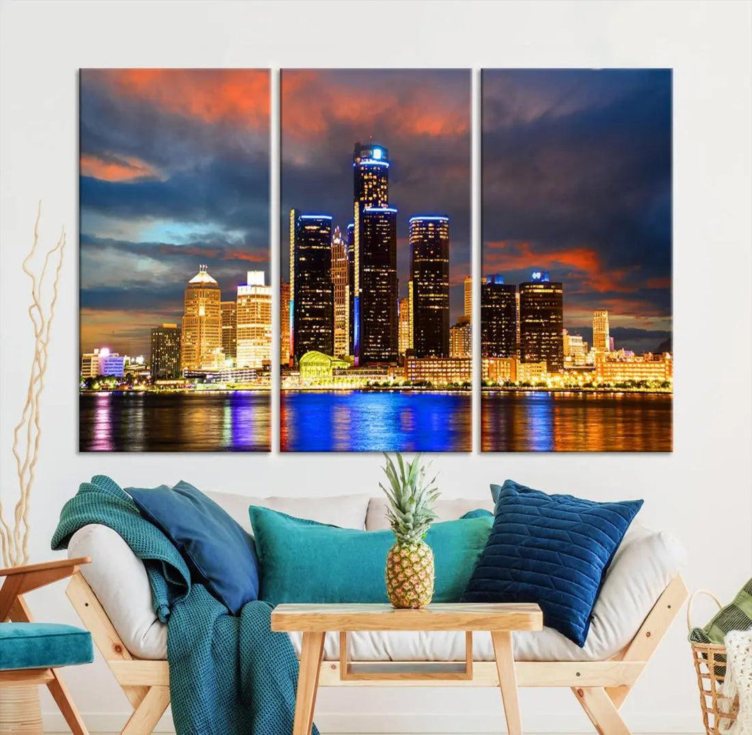 Bright Detroit Skyline Picture Print Skyline Wall Art Canvas Ready to Hang