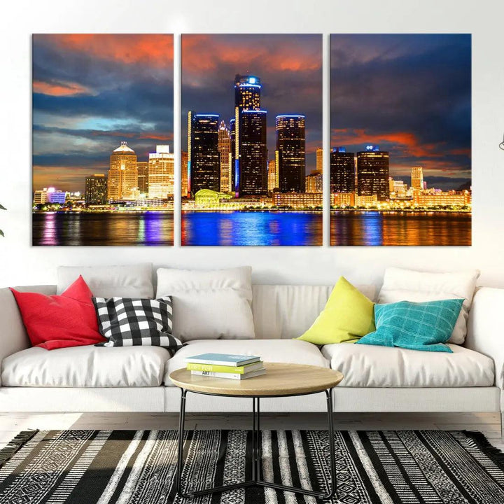 Bright Detroit Skyline Picture Print Skyline Wall Art Canvas Ready to Hang