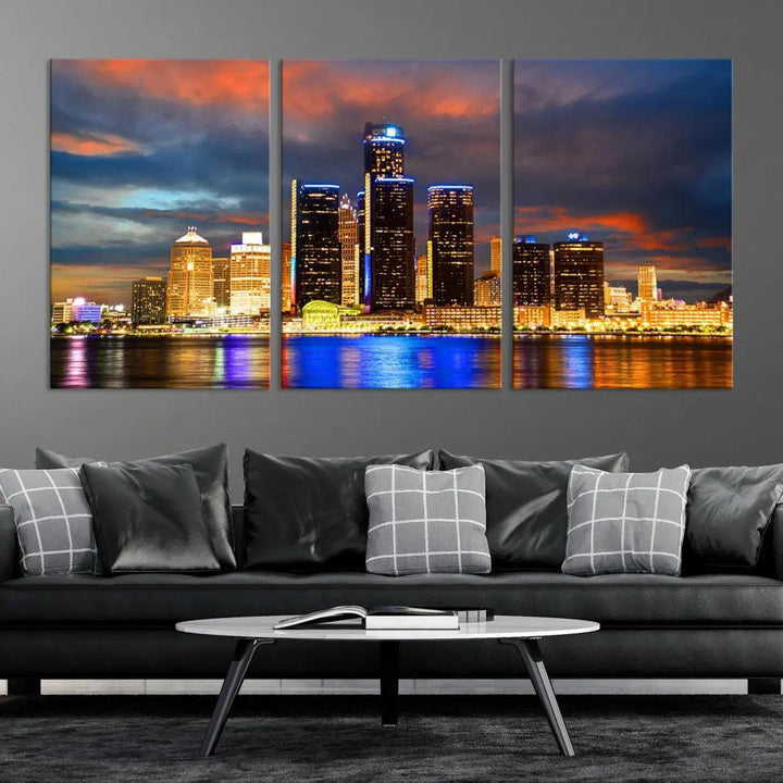 Bright Detroit Skyline Picture Print Skyline Wall Art Canvas Ready to Hang