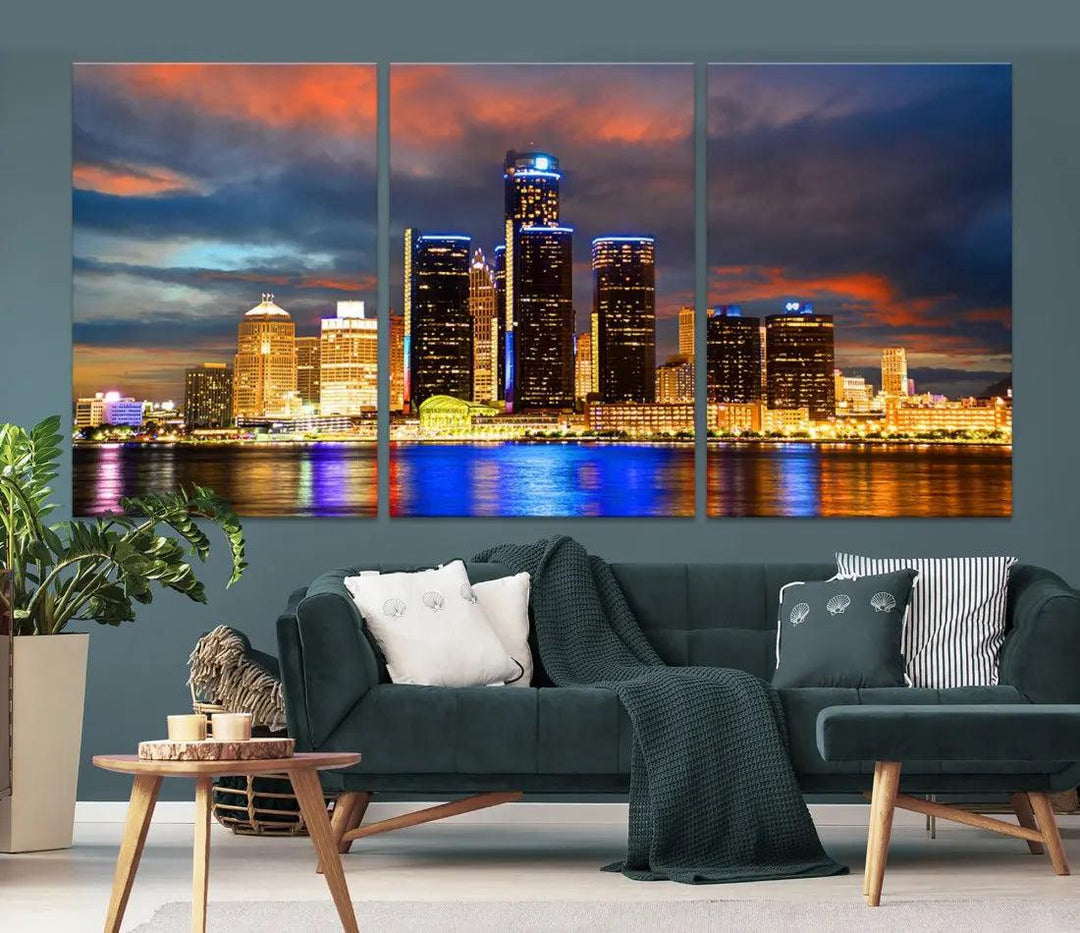 Bright Detroit Skyline Picture Print Skyline Wall Art Canvas Ready to Hang