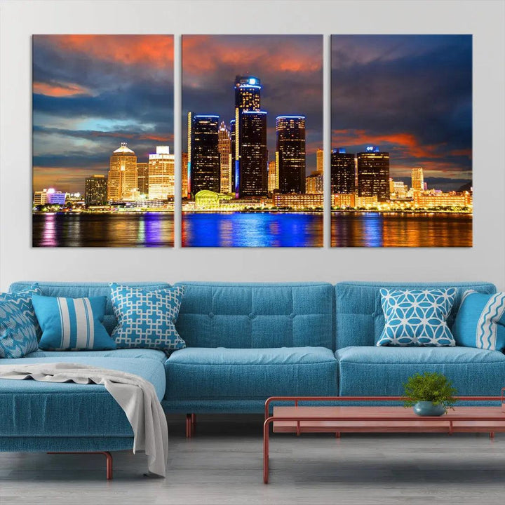 Bright Detroit Skyline Picture Print Skyline Wall Art Canvas Ready to Hang